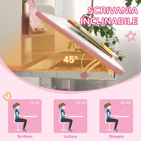 Set de bureau enfant rose avec plateau inclinable et chaise réglable en hauteur, pour enfants de 6 à 12 ans. (1/5)