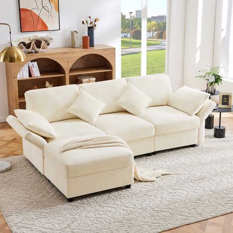 Canapé d'angle en L - 3 places - Avec repose-pieds - 4 coussins - Accoudoirs réglables - Beige
