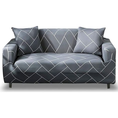 Copridivano elasticizzato con braccioli, coprisedia elastico, copridivano universale magico, protezione antiscivolo per divano (2 posti, righe grigio chiaro). Federa non inclusa. (1/5)