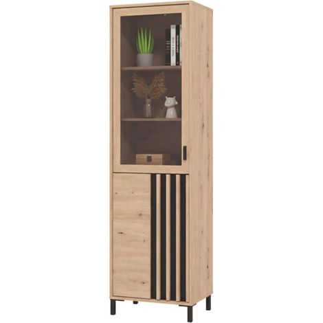 Vitrine Senis, Ausstellungsregal 4 Böden, Drehtüren, 2 Türen, 54,5x40x192,5h cm, Eichenholz Braun