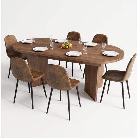 FurnitureR 7-Piece Dining Set, 120-160CM Dark Wood Extendable Oval Table & 6 Brown Suede Chairs (1/5)