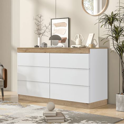 Cómoda de 6 cajones, para dormitorio y salón, blanco y roble (1/5)