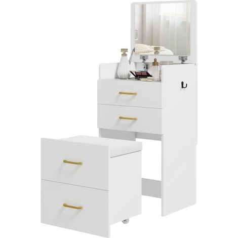 Coiffeuse 3 en 1 avec miroir, table de nuit, tabouret à roulettes et tiroirs, couleur blanche élégante (1/5)