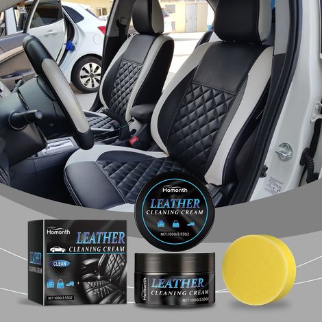 Crème d'entretien pour cuir automobile - Soin intérieur cuir : entretien, détachage, rénovation, nettoyage et soin - 100 g + 1 éponge (1/5)