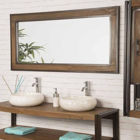 Wanda Collection – Miroir simple de salle de bain rectangle 145x70 cm – Bois teck et métal – Épaisseur 2 cm – Rendu lumineux élégant (1/5)