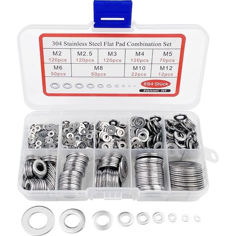 684 pièces Rondelles Metal Inoxydable, pour Gonds de Porte, Joint Plat, Blocage Cuvette Autobloquante, avec 1 Boîte D'Assortiment, 9 tailles M2 M2.5 M3 M4 M5 M6 M8 M10 M12 (1/5)