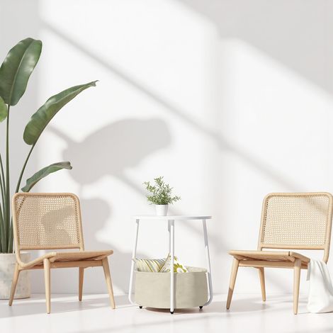 Petite Table Basse Ronde avec Panier en Tissu, Rangement pour Salon, Chambre à Coucher, Table de Chevet, Style Minimaliste avec MDF Blanc, Cadre en Métal, 45 x 45 x 50.5cm (1/5)