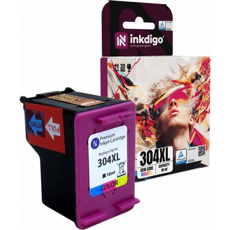 Inchiostro Inkdigo 304XL compatibile con le stampanti multifunzione HP DeskJet 2620, 3730 e Envy 5020, certificato TÜV. (1/5)