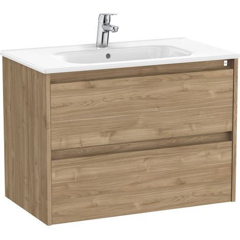Roca – Ensemble meuble Tenet Unik 2 tiroirs – Lavabo céramique – Noyer – 80cm – Façades agglomérées 16mm – Fermetures amorties (1/2)