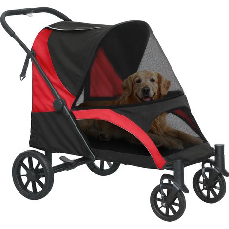Hundewagen, Faltbarer Hundebuggy für große Hunde, Haustierwagen mit 4 Rädern, Sicherheitsleinen, Bremsen, Schwarz