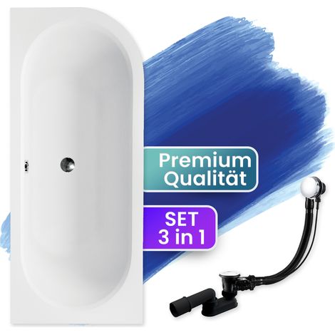Badewanne Eckbadewanne 170x75 Links + Bambus Ablage, Ablaufgarnitur & Füßen GRATIS - Komplettset 4in1 Original Acryl Wanne Siphon - BADLAND AVITA (1/5)