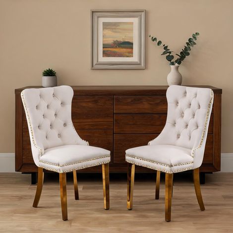 Lot de 2 chaises de salle à manger en velours beige et doré bois (1/5)