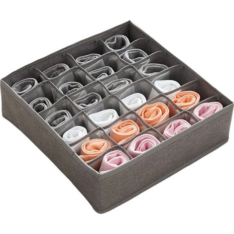 Boîte de rangement en tissu gris à 24 compartiments pour chaussettes et sous-vêtements, tiroir, boîte de rangement en tissu