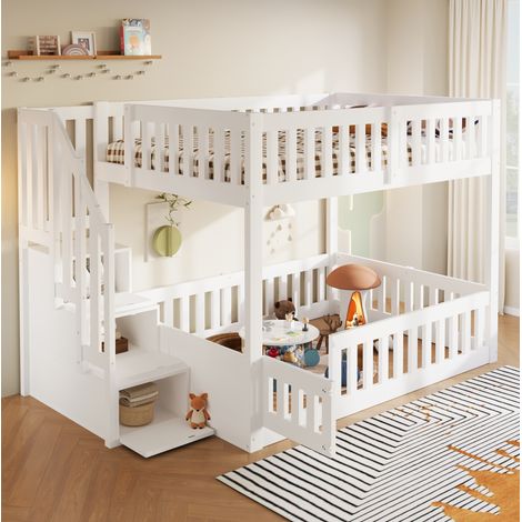 MODFU – Lit superposé enfant bas 140x200 cm pin et MDF – Escalier de rangement et barrières – Charge 150 kg, 3 colis – Chambre – Blanc (1/5)