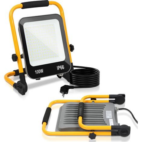 Projecteur de chantier à LED, Lampe de travail 100W, 10000LM LED Floodlight avec câble 3M et prise, Lampe de chantier étanche IP66 pour intérieur et extérieur garage atelier, Blanc froid (1/5)