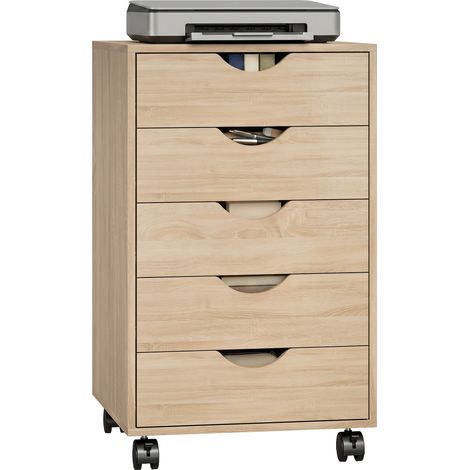 Caisson bureau mobile. meuble rangement sur roulettes avec 5 tiroirs. bois. 40 x 40 x 67 cm. chêne (1/5)