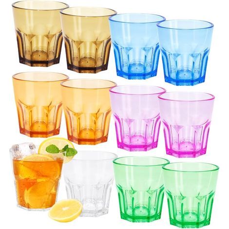 Lot de 12 verres en plastique acrylique incassables réutilisables pour cuisine, pique-nique, fête, jus, whisky, vin (multicolore) (1/5)
