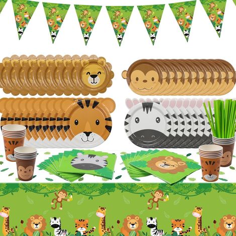 102 pièces Accessoires de fête jungle - Comprend des assiettes en papier animal, nappe jungle, drapeau safari, serviettes, gobelets en papier, décoration de fête sur le thème safari pour anniversaire (1/5)