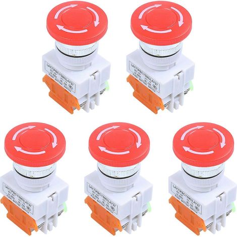 Cinq boutons-poussoirs d'arrêt d'urgence rouges en forme de champignon, un normalement ouvert et un normalement fermé, bipolaires unidirectionnels, 660 V CA, 10 A. (1/5)