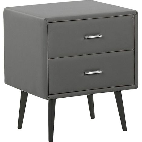 Mesita de noche tapizada en piel sintética gris con 2 cajones patas negras estilo minimalista moderno Essonne
