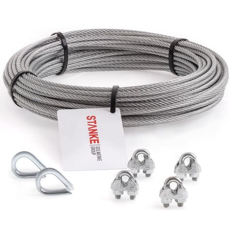 Seilwerk STANKE Câble d’acier galvanisé 100m diamètre 8mm 6x19, 4x Cosse-cèur, 8x Serre-câble è étrier - SET 2