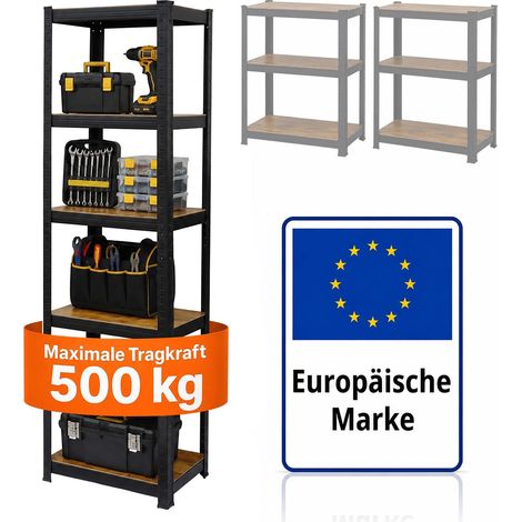 Relaxdays Schwerlastregal, 500 kg, HBT: 200 x 60 x 60 cm, 5 Ebenen, Holzoptik, Lagerregal, Stahl & MDF, schwarz/ braun (1/5)