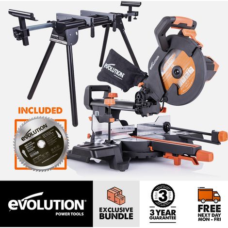 Evolution Bundle - R255SMS+ 255mm Sliding Compound Mitre Saw with Mitre Saw Stand and 60 Tooth Fine Wood Cutting Blade (230V)