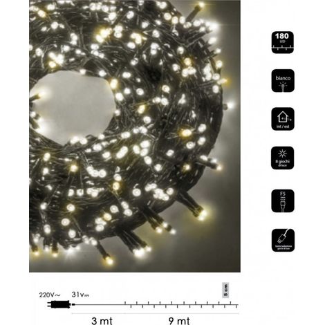 Catena di luci bicolore Natale 180 led serie luminosa natalizie cavo verde albero feste decorativa luce bianco rosso blu calda Bianco- Caldo