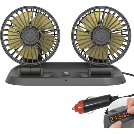 Ventilatore per auto portatile e silenzioso a doppia testa con rotazione a 360°, 2 velocità e display del numero di telefono. Ideale per auto, camion, SUV, camper e barche. (1/5)