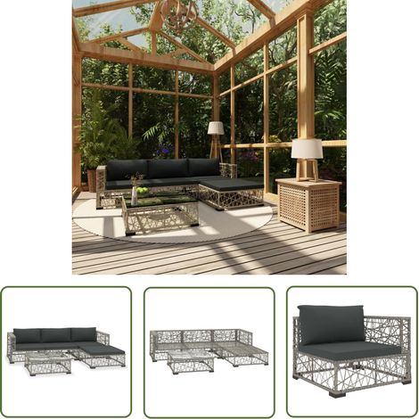 The Living Store Salon de jardin 5 pcs avec coussins résine tressée gris - Salon De Jardin - Meubles De Jardin - Salon Extérieur - Set De Salon - Canapé Rotin (1/5)