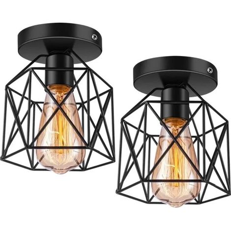 U-Do 2Pcs Plafonnier Carré Noir Lampe de Plafonde Cage en Fer design Vintage décoration pour Salon Couloir (1/4)