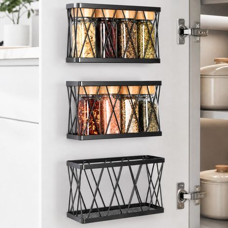 3 Pièces Boîtes de Rangement pour Porte d'Armoire de Cuisine, Paniers Muraux Adhésifs sans Percage, Organiseur Multifonctions pour Salle de Bain, Frigo, Bureau, 3 Tailles Acier Carbone, Noir (1/5)