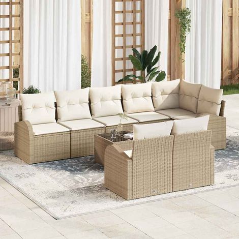 Gartensofa-set mit Kissen 9 pcs Beige und Weiß Poly-Rattan