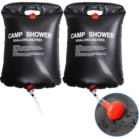 Lot de 2 douches de camping 20 L - Douches de voyage portables solaires de 20 litres (5 gallons) - Idéales pour la pêche, le camping, la randonnée et les douches en extérieur - Noires (1/5)