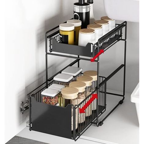 2 niveaux, rangement sous évier coulissant, étagère épices acier haute densité, pour cuisine et salle de bain (1/4)