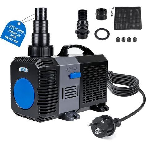 Super ECO Pompe de Bassin Extérieur 1000L/H 80W - Filtration Basse Consommation, Pompe a Eau Electrique pour Carpes Koï, Poisson Oase, Jardin, Ruisseau - Réglable pour Fontaine Cascade (1/5)