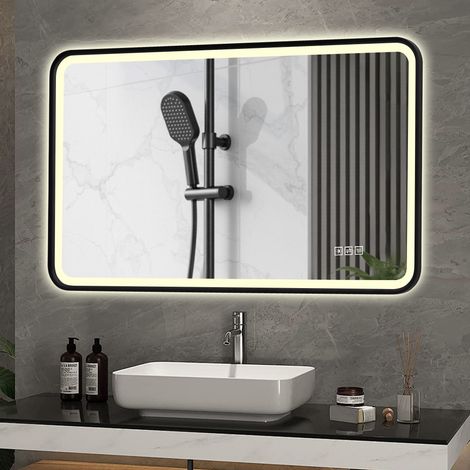 Miroir mural LED salle de bain 60x100 cm, cadre alu noir, double éclairage avant/arrière, anti-buée, 3 températures lumineuses, variateur d'intensité, mémorisation, pose horizontale/verticale, IP44 ét (1/5)