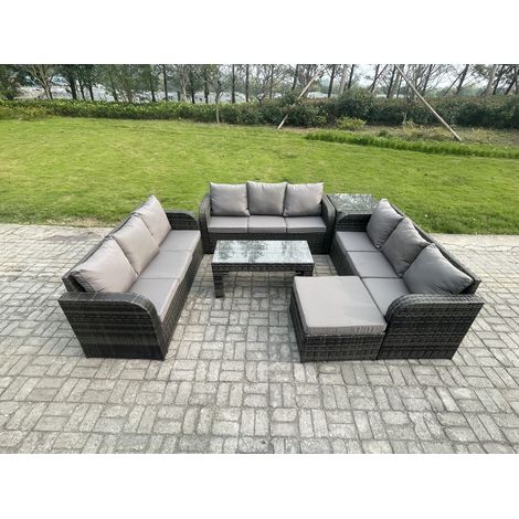 Fimous Garten Sofa im Freien Set 10-Sitzer Polyrattan Gartenmöbel Set mit Rechteckiger Couchtisch Beistelltisch 2 Großer Hockern 3-Sitzer Sofa Dunkelgrau Gemischt