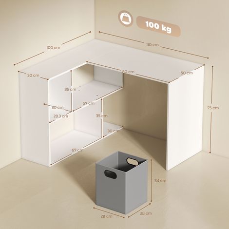Bureau d'angle moderne avec étagères et tiroirs en tissu, 110 x 100 x 75 cm, blanc (1/5)