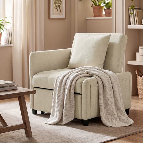 Fauteuil convertible 1 place clic-clac 4 en 1 chenille dossier réglable assise large beige. Fauteuil clic-clac 4 en 1 pour un couchage polyvalent, confortable et pratique. (1/5)