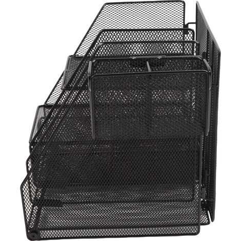 Organiseur de bureau à 2 sections et 3 niveaux, amovible, en maille métallique, avec tiroir et porte-stylo (1/5)