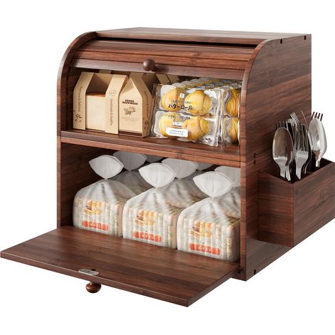 Boite à Pain Vintage Bois 2 Niveaux Avec Couvercle Enroulable Countertop Huche à Pain Moderne Multifonctionnelle Boite de Rangement Cuisine, 37,95 x 24,9 x 36,06 CM, Marron (1/5)