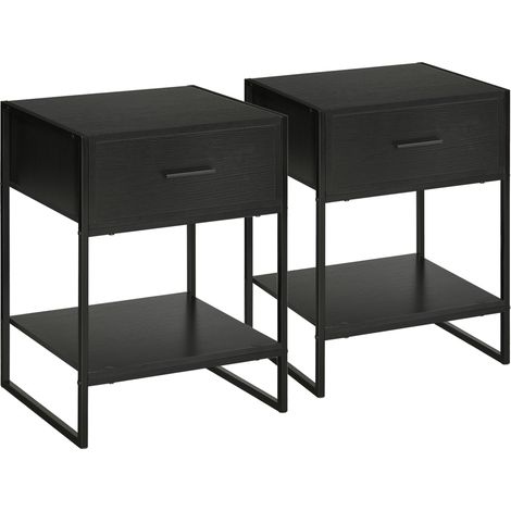 Set 2 Comodini Moderni, 2 Comodini da Camera da Letto e Soggiorno, con Cassetto e Ripiano Aperto, Design Moderno, in MDF e Acciaio, 45x40x60cm, Nero