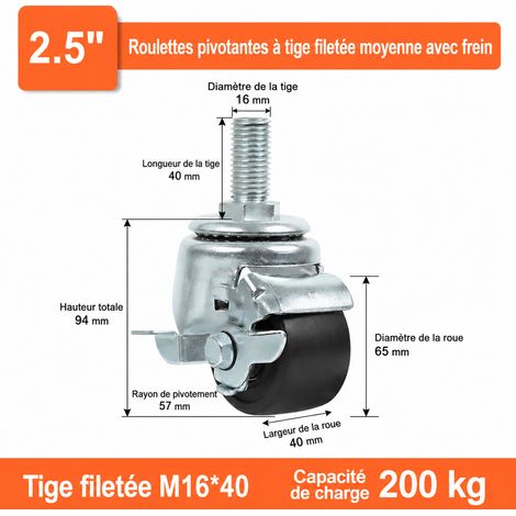 Roulette industrielle pour charge lourde 2,5" 65 mm à tige filetée M16x40 avec frein en nylon 2.5 m16 40 200kg 2 kg – Livraison gratuite