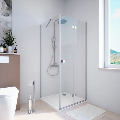 Cabine de douche 70x90 cm avec ouverture à livre côté droit et paroi fixe profilés chromés et verre transparent 8 mm h195 Fiji (1/3)