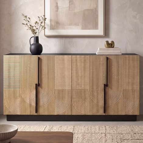 Sideboard wohnzimmerschrank anrichte für esszimmer flur - 160 x 42 x 76 cm - 4 türen mit reliefmuster metallgriffe pb mdf - moderner stil - holz natur und schwarz (1/5)