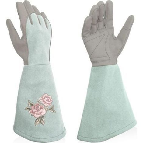 Gants de jardinage pour femme - Gants de travail longs en cuir synthétique, doigts longs, résistants aux perforations, pour le jardinage, bleu clair, taille M (1/5)