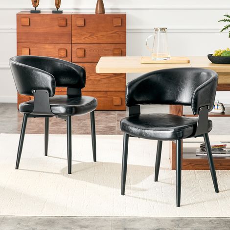 Chaises de salle à manger de style moderne du milieu du siècle, lot de 2, fauteuils rétro avec accoudoirs en forme de tonneau et dossiers à motifs, chaises de cuisine en similicuir avec pieds robustes (1/5)