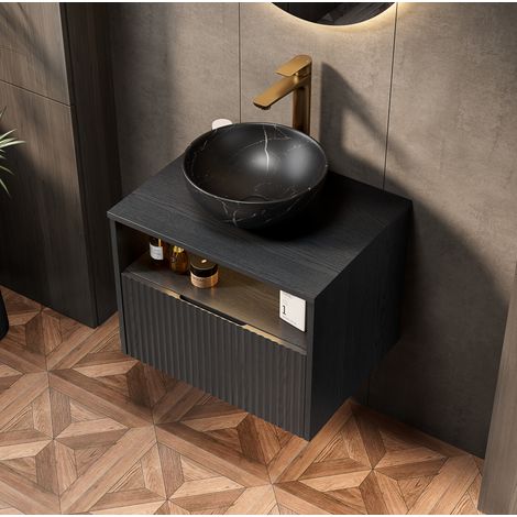 Mueble lavabo suspendido de baño (60x46x60.8 cm), con luz LED por sensor, cierre suave, cerámica negra (1/5)