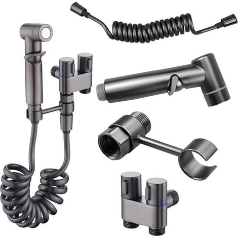 WC-Duschset mit 3-Wege-Messingventil und Absperrhahn – Graues WC-Bidet-Sprühpistolen-Set, geeignet für Badezimmer und Toiletten
